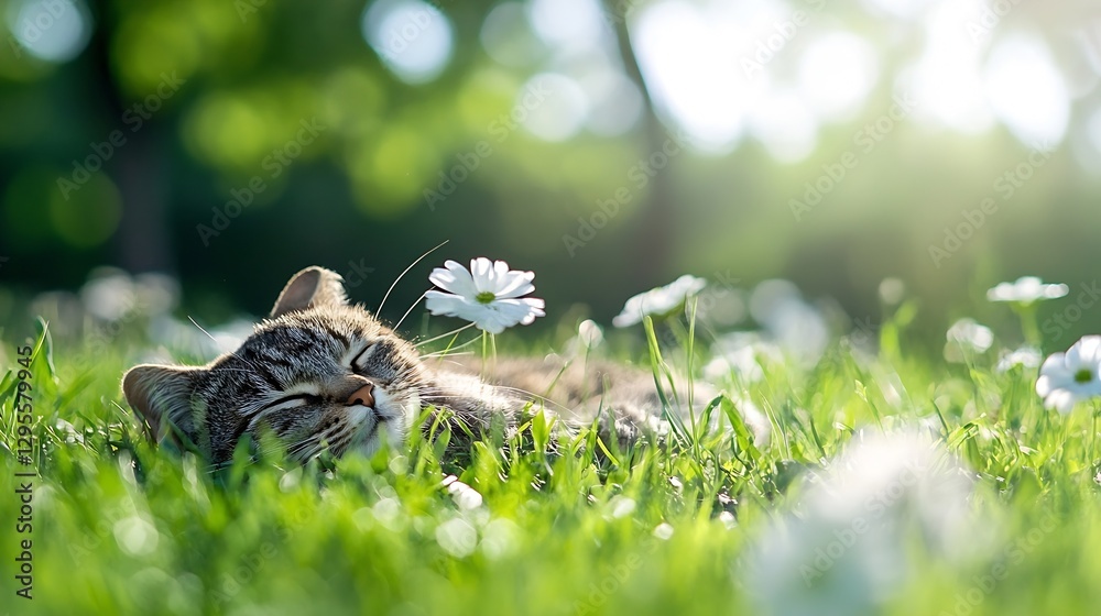 Obraz premium Peaceful Cat Sleeping in Sunlit Meadow Surrounded by Flowers and Lush Grass : Generative AI