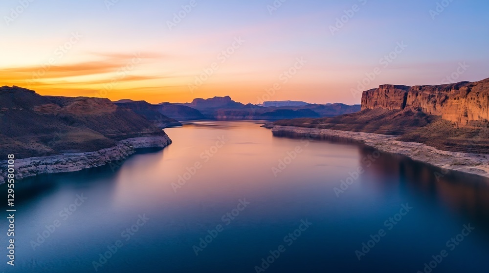 Fototapeta premium Breathtaking Aerial View of Tranquil Lake at Sunset with Vibrant Colors and Serene Landscape : Generative AI