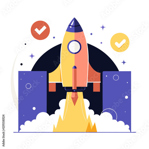 🚀 Rocket launching into space with vibrant colors. Dynamic take-off pose in a space background. Modern graphic design featuring a startup company.. Use for a project launch.