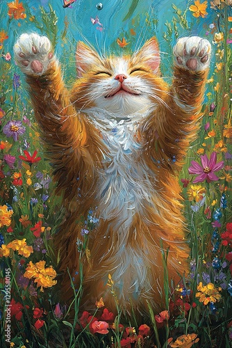 A painting of a cat in a field of flowers