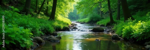 Gentle stream flowing through lush green forest, trees, calm