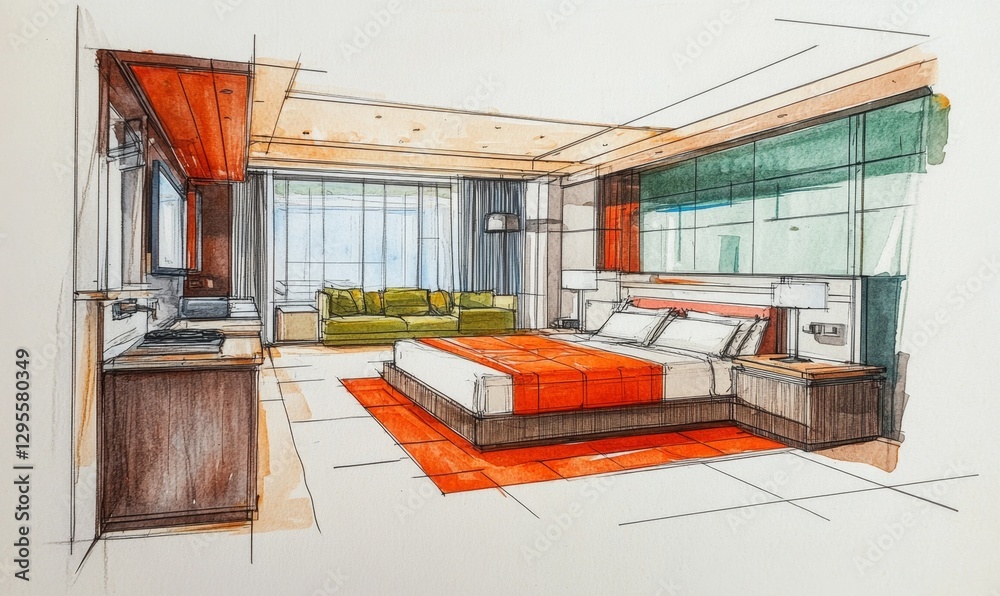 Hand-drawn hotel room design sketch with bedroom, living area, and city view Hand-drawn hotel room design sketch with bedroom, living area, and city view