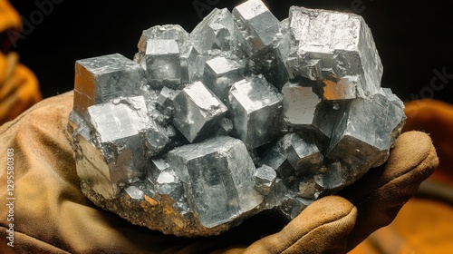 Silvery-gray galena lead ore in a worker's gloved hand showcasing cubic formations