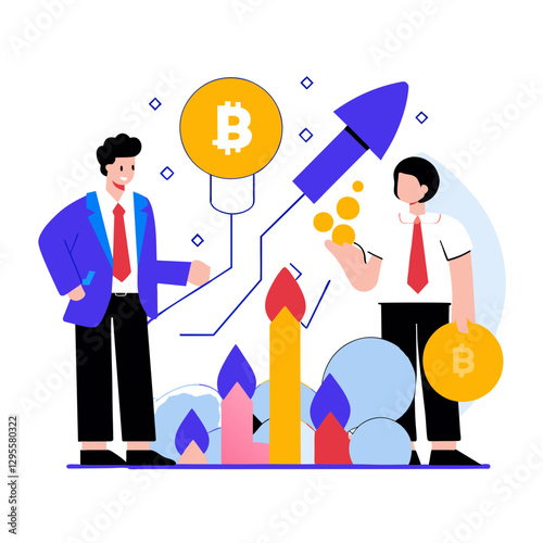 Businessmen discussing Bitcoin investment strategy in a modern setting. Two business professionals in suits exchange ideas about cryptocurrency trading in a futuristic office space.
