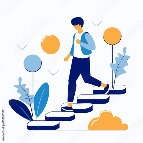 Young male student in casual clothing ascending steps in a park setting. Motivated student climbing career ladder, outdoor setting. Illustration -
