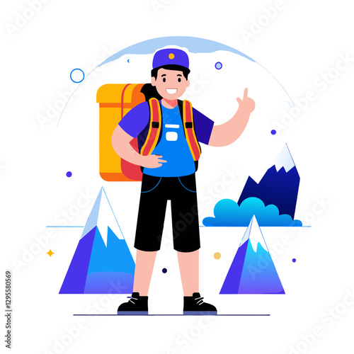 Young boy in hiking attire gesturing while standing in front of a mountain landscape. Adventurous youth points to the horizon with mountain backdrop.
