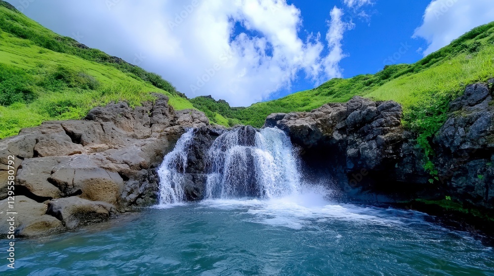 Scenic waterfall in lush green landscape under clear blue sky Scenic waterfall in lush green landscape under clear blue sky