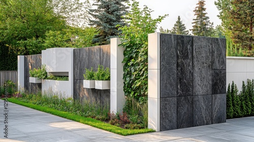 Wallpaper Mural High-end basalt stone fence with integrated planters and cascading greenery design Torontodigital.ca