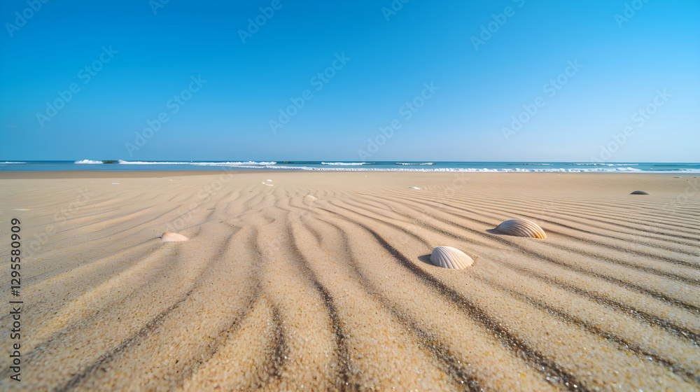 Naklejka premium Golden Sand Serenity: A Vast Stretch of Tranquil Shoreline Bathed in Sunlight Under Clear Blue Skies