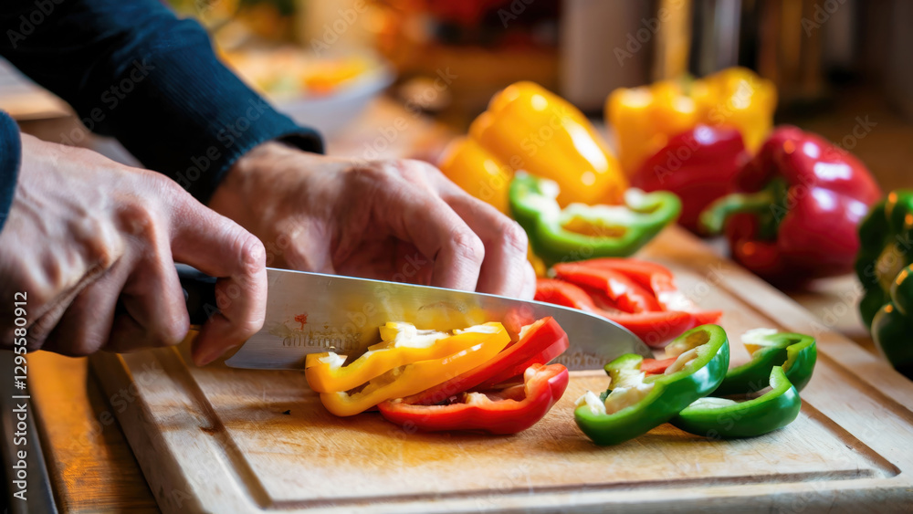 Cutting Colorful Bell Peppers in Kitchen Cutting Colorful Bell Peppers in Kitchen