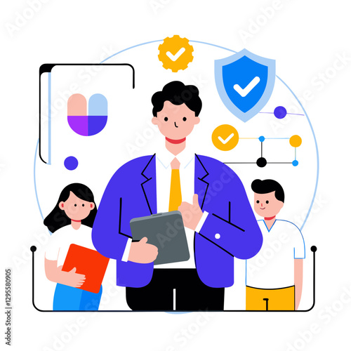 Businessman with children in formal attire presenting a digital tablet in a modern office setting. Educator/professional showing approval to students in a classroom environment.