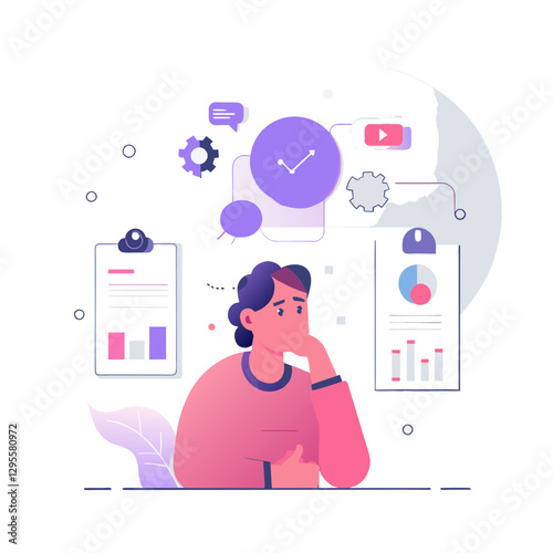 A young adult female in a pink sweater analyzes data on a clipboard, thoughtful and contemplative in a modern office setting.