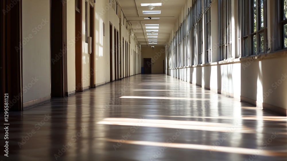 Naklejka premium Long abandoned corridor with sunlight illuminating polished wooden floorboards : Generative AI