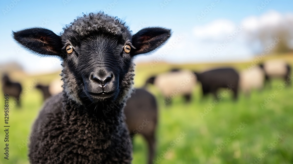 Adorable black sheep with fluffy wool standing in the foreground against a blurred green pasture : Generative AI Adorable black sheep with fluffy wool standing in the foreground against a blurred green pasture : Generative AI