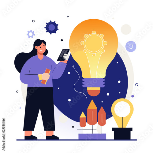Young woman in casual attire examines a large lightbulb with gears, symbolizing innovative ideas in a modern setting. Female professional exploring new solutions in a creative environment.