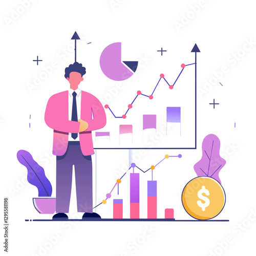 Businessman presenting financial growth data in a modern office setting. Confident professional standing before a presentation board showcasing positive financial trends and growth.