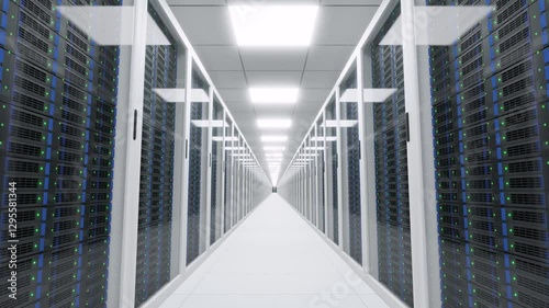 Modern data center server room technology infrastructure network digital computing powerful hardware aisle rows storage systems