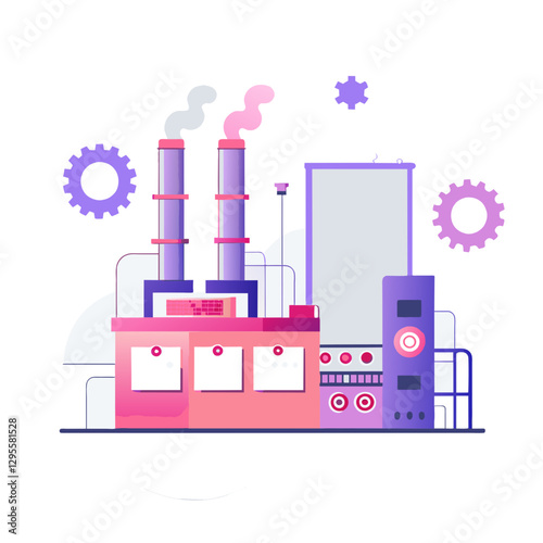 Industrial factory with operational equipment in vibrant colors. Modern plant with pipes and controls, emitting smoke, in a flat design style.