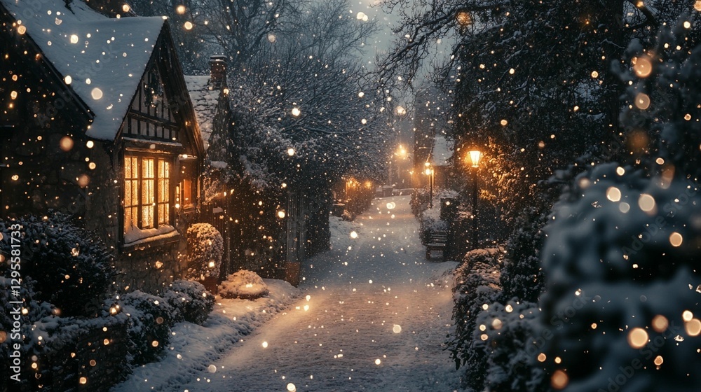 Fototapeta premium Cozy snow-covered street with warm houses and falling snow at night.