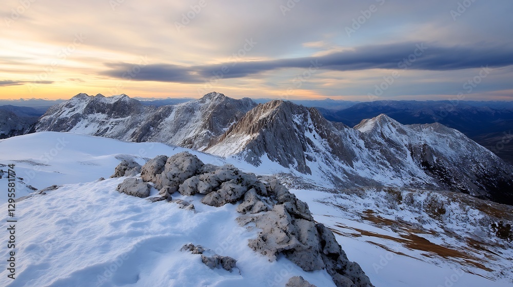 Obraz premium Stunning panoramic view of snowcovered mountains at sunset with rocky foreground showcasing nature's raw beauty : Generative AI