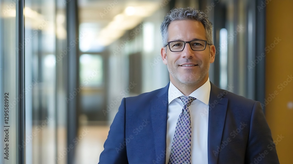 Fototapeta premium Confident Businessman in Suit with Glasses Smiling in Bright Office Environment : Generative AI