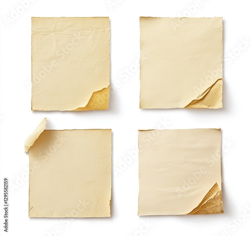 Four aged sticky notes on white background