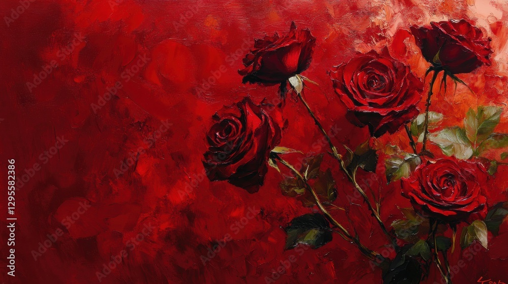Bold red roses with a deep red background for a rich, romantic atmosphere. Bold red roses with a deep red background for a rich, romantic atmosphere.