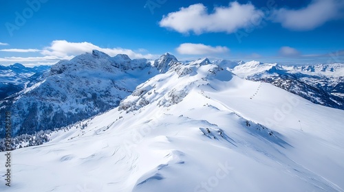Majestic snowy mountain peaks under a bright blue sky showcasing nature's grandeur : Generative AI