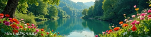 Lush foliage and colorful flowers surround a lake, ecology, plants, flowers