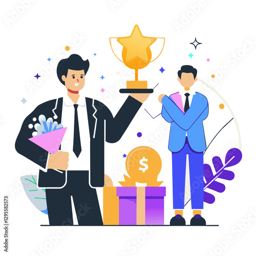 Businessmen celebrating achievement with a trophy and gift in a corporate setting. Male professionals holding a trophy and flowers while standing with a colleague.