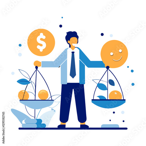 Businessman balancing satisfaction and tangible rewards in a professional setting.