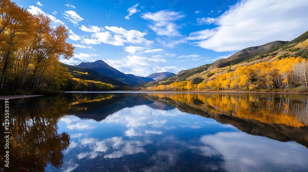 Naklejka premium Stunning mountain lake reflecting vibrant fall colors under a blue sky : Generative AI