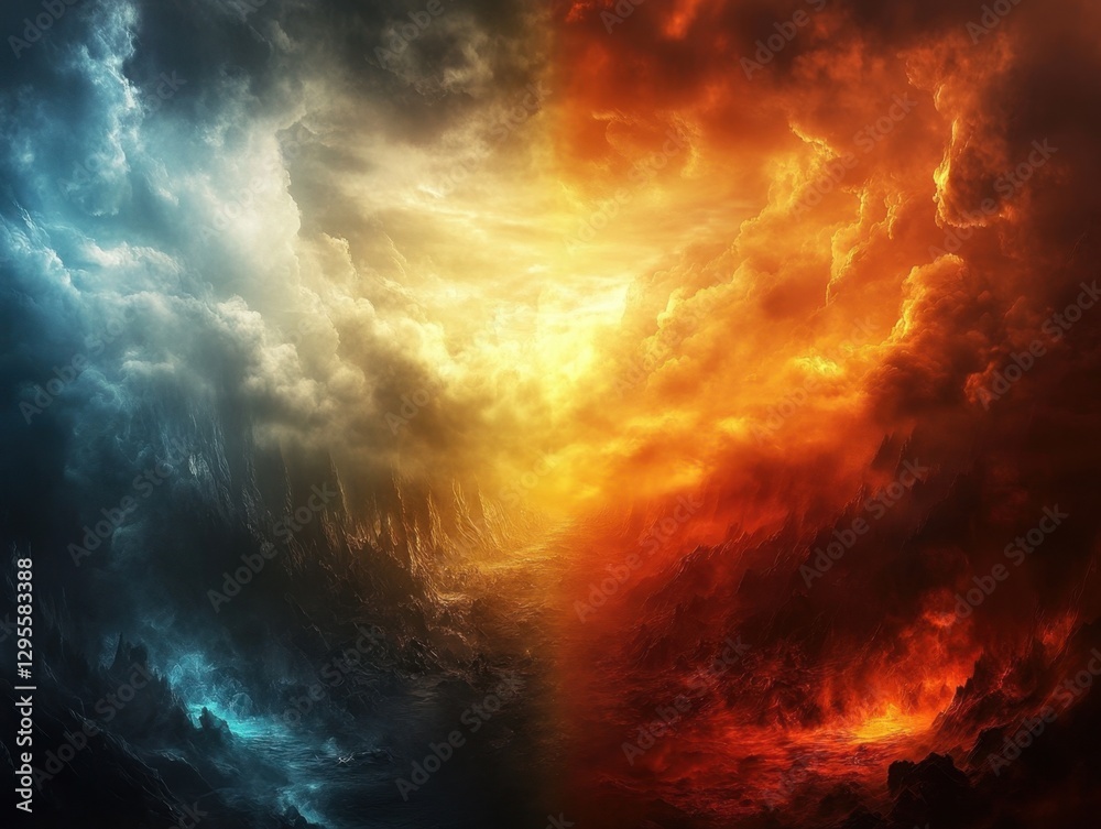 Abstract landscape of fire and ice with dramatic clouds and contrasting colors creating a powerful visual impact Abstract landscape of fire and ice with dramatic clouds and contrasting colors creating a powerful visual impact