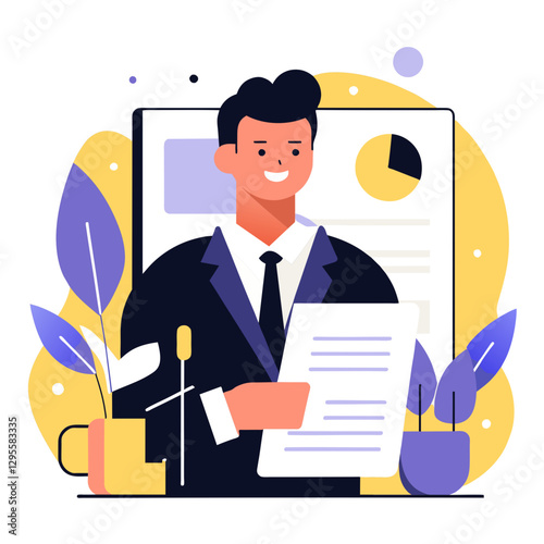 Adult male in a business suit presenting a document at a podium in a conference room. Smiling professional giving a presentation in a corporate setting.