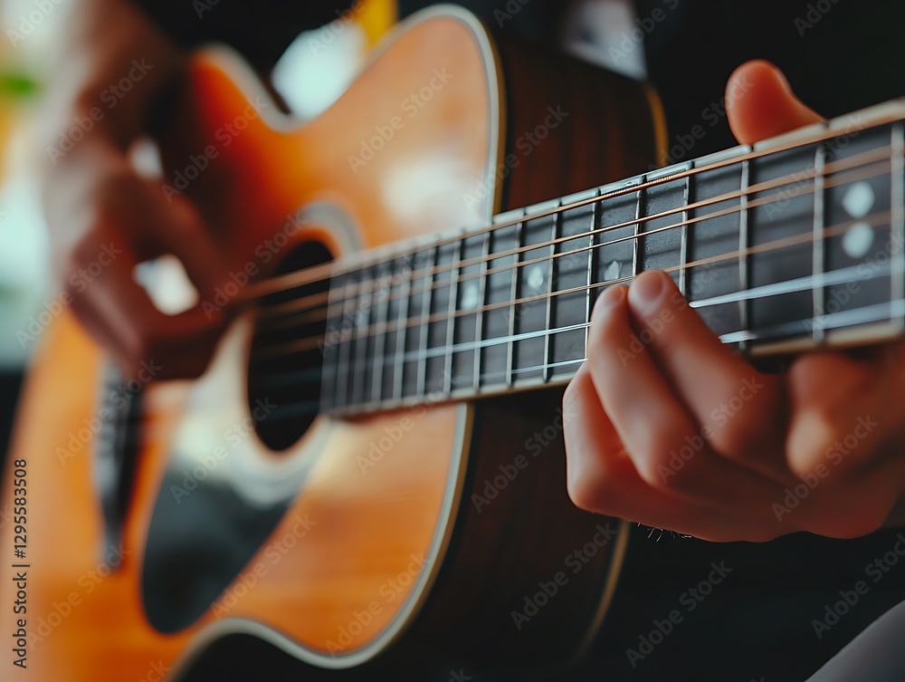 Obraz premium Close-up guitarist playing acoustic guitar