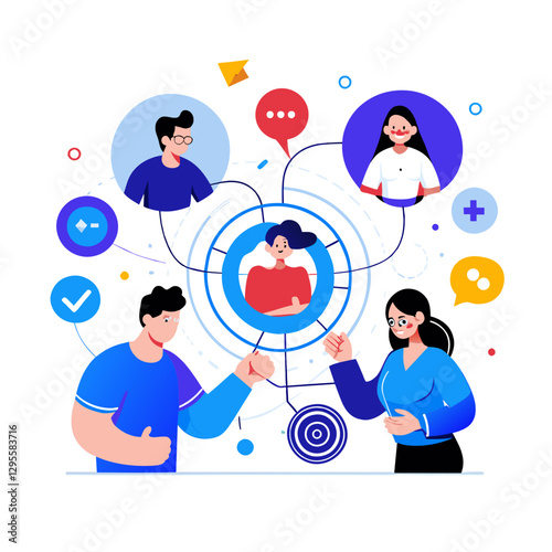 Young adults in casual wear interacting with a highlighted profile in a modern digital environment. Team collaboration within a virtual meeting space.