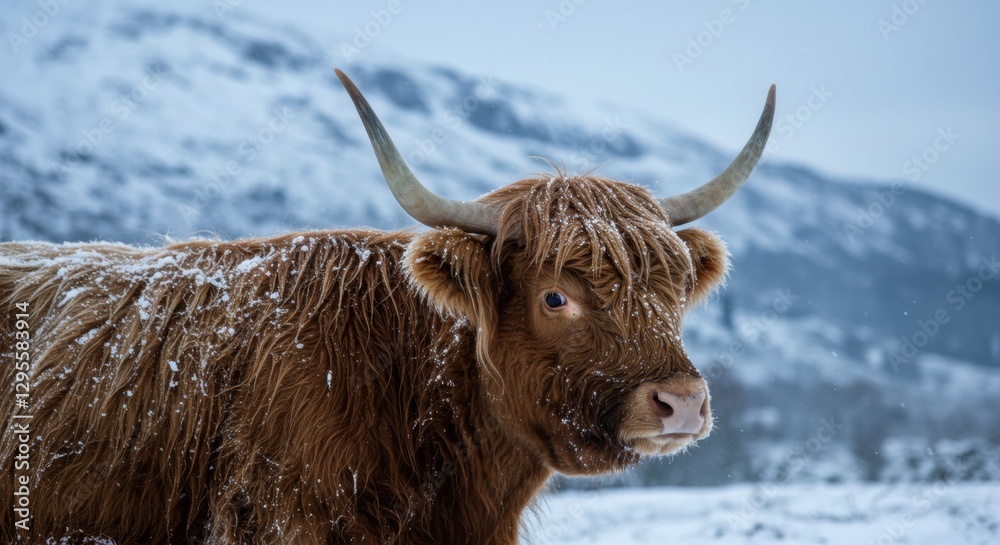 Highland cow standing in snowy landscape with mountains in the background, showcasing winter beauty - scottish highland cattle
