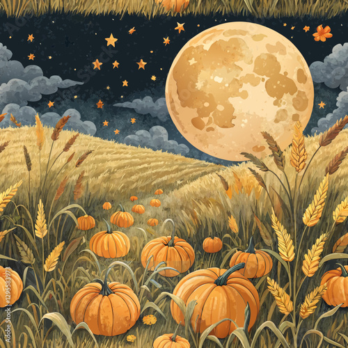 Seamless harvest moon background, golden moon casting gentle light over ripe crops and pumpkins, celebrating abundance and gratitude during the Mid-Autumn Festival  