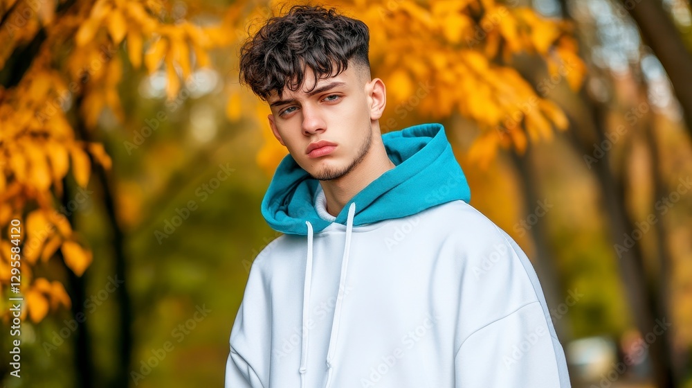 Young Man in Hoodie Posing Outdoors Amidst Autumn Leaves