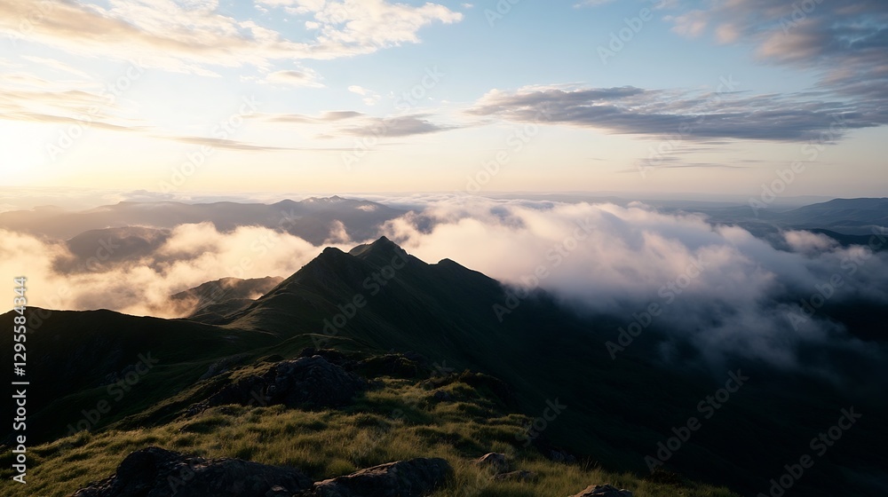 Gorgeous panoramic view of distant mountains and clouds during a golden sunrise illuminating the sky : Generative AI Gorgeous panoramic view of distant mountains and clouds during a golden sunrise illuminating the sky : Generative AI