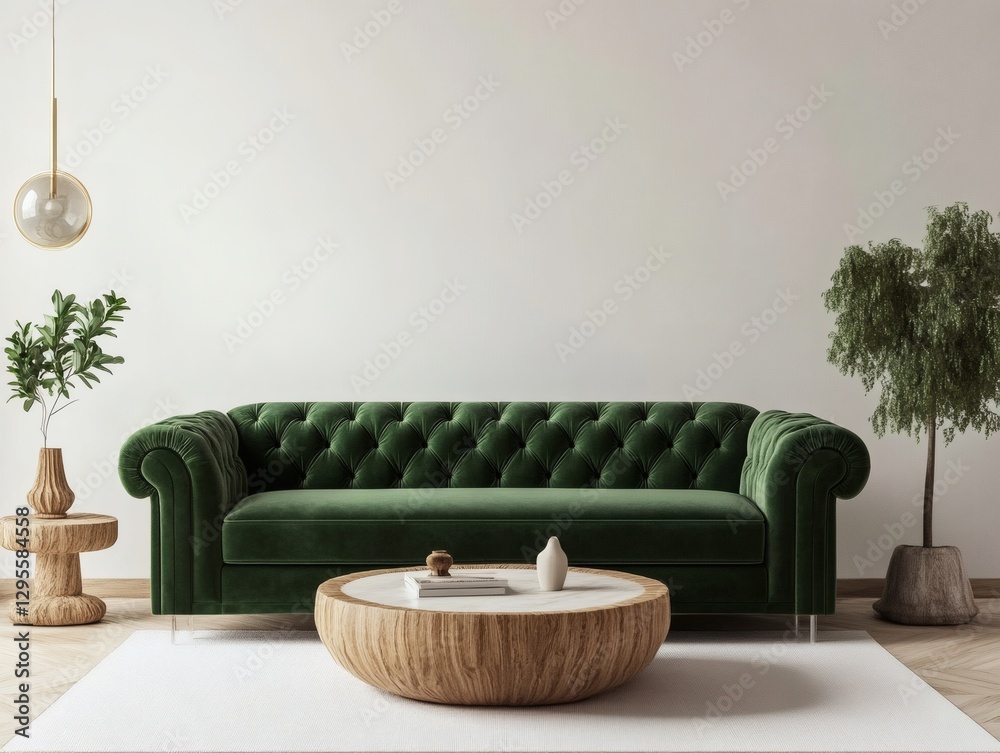 Obraz premium 3D render of a green velvet sofa in a modern living room with a white background 