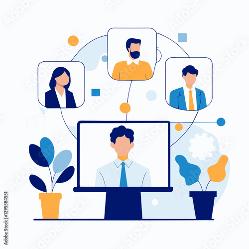 Businesspeople engaged in a video conference in a professional setting.