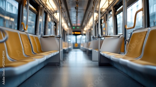 Empty modern subway train interior with focus on seats and urban atmosphere : Generative AI
