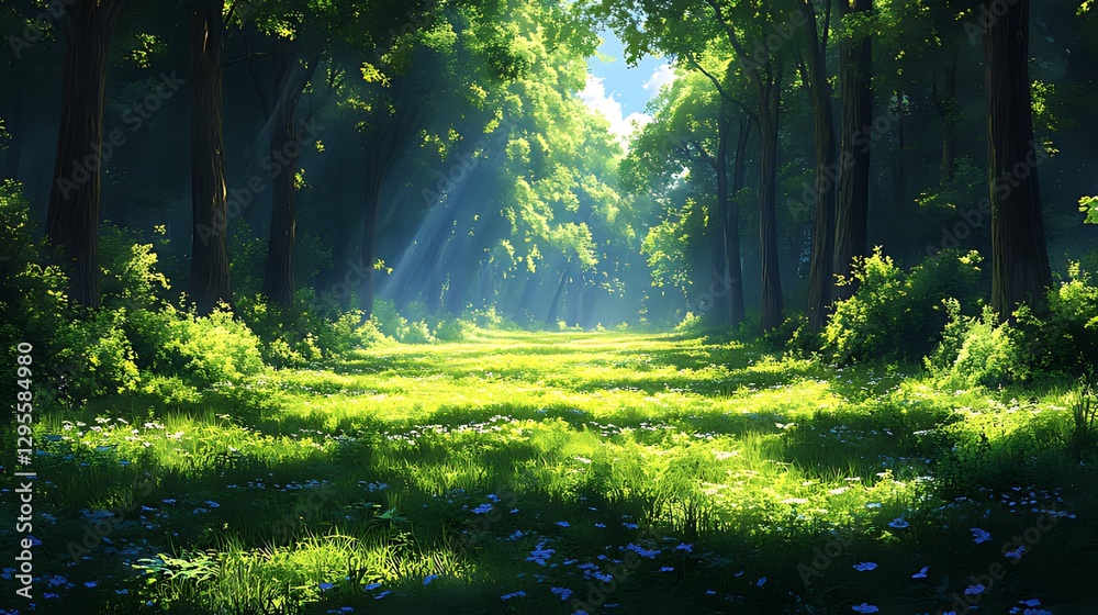 Obraz premium Sunlit forest path, green meadow, summer day, background trees, nature scene