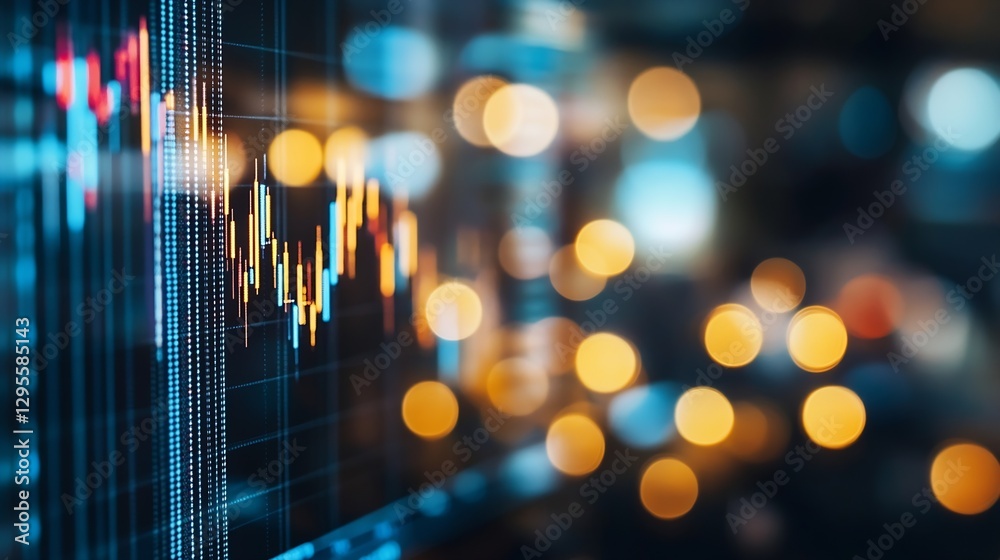 Fototapeta premium Dynamic Stock Market Chart with Vibrant Data Points and Blurred Bokeh Effects : Generative AI