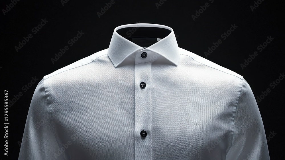 Elegant white twill shirt with collar and button placket on black background