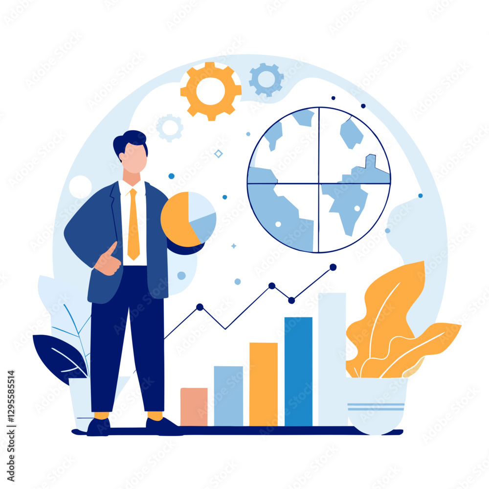 Businessman presenting global market data with graphs and pie chart in modern office setting. Male professional in a business suit presenting global analysis in a modern, abstract office environment. Businessman presenting global market data with graphs and pie chart in modern office setting. Male professional in a business suit presenting global analysis in a modern, abstract office environment.