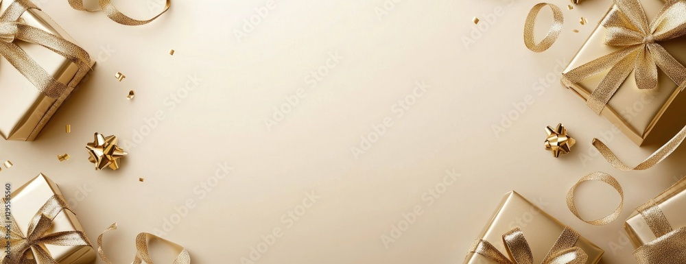 Fototapeta premium Gold Gift Boxes on Beige Background (2)