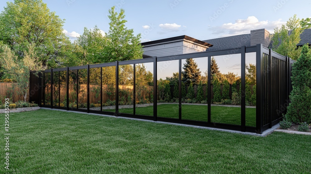 Fototapeta premium Luxury modern fence with reflective glass panels enhancing a green yard
