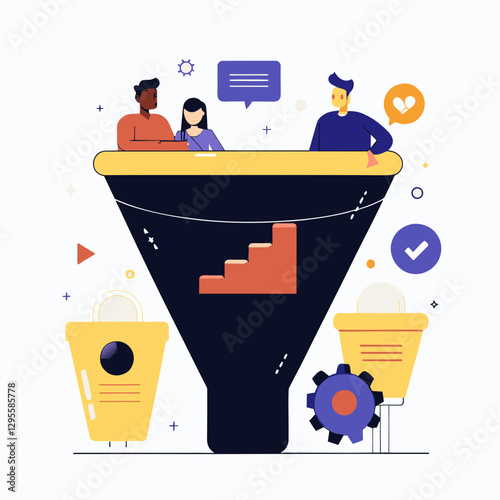 Modern marketing funnel illustration with growth stages, showing progression and optimization.